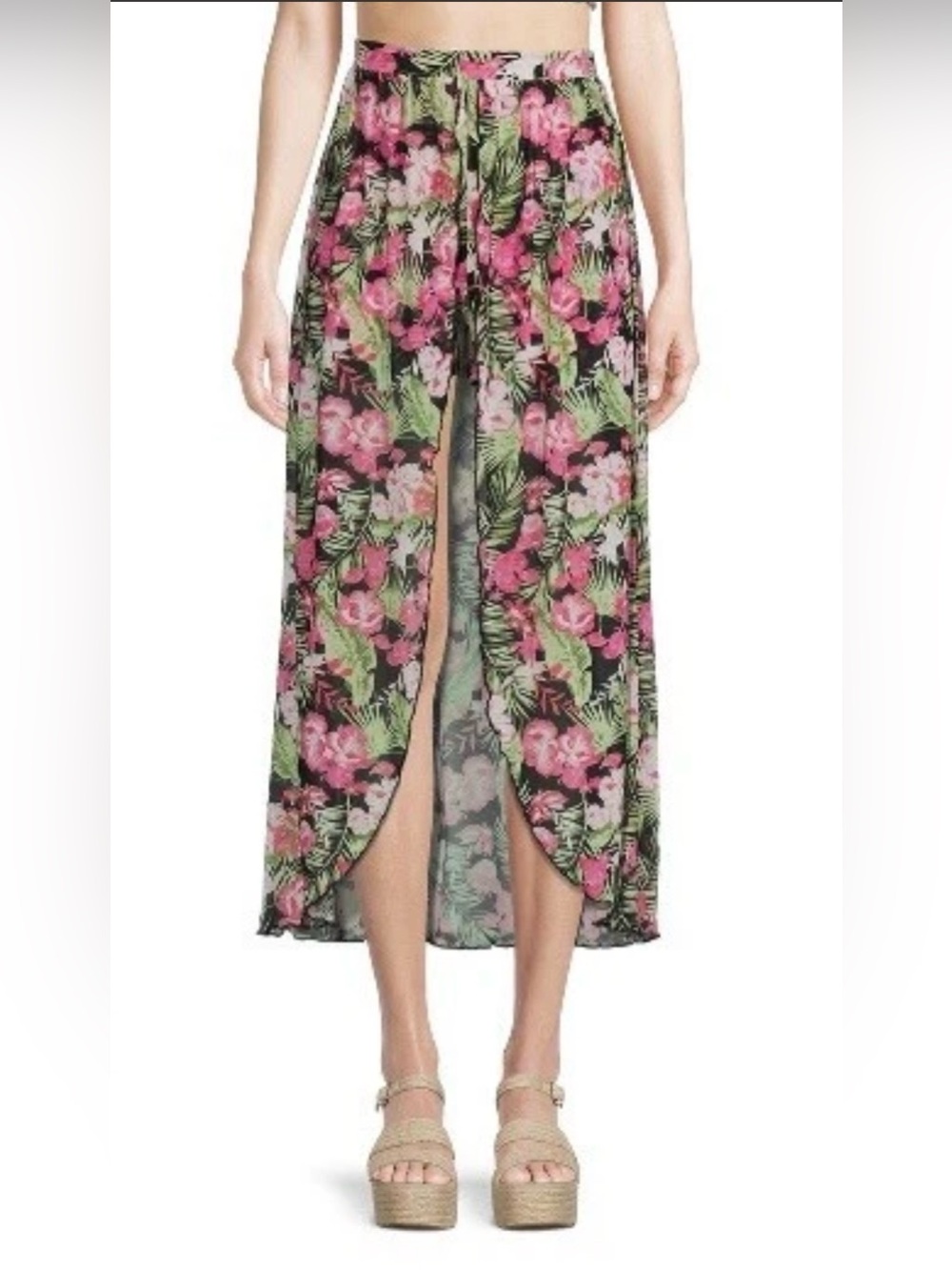 No Boundaries Black Floral High-Low Maxi Skirt with Pink & Green Print